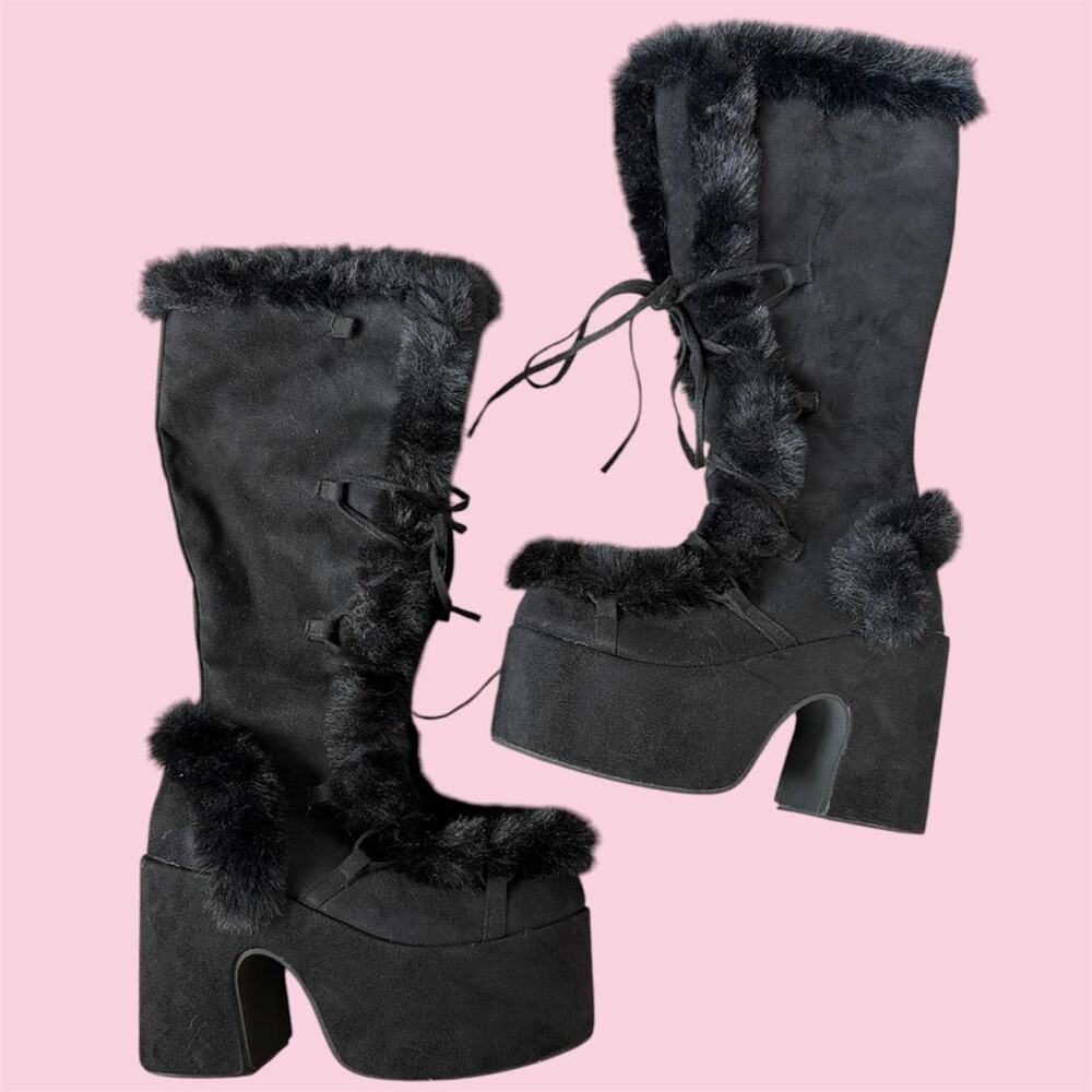 Bratzcore Rave Black faux fur tall calf platform boots